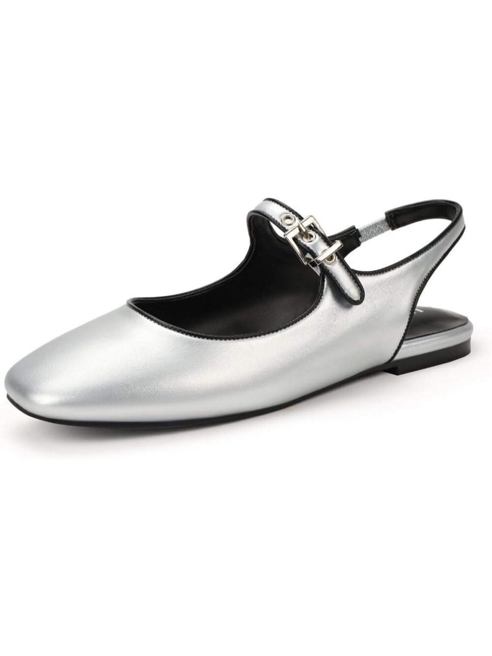 IDIFU Women's Silver Pu Closed Toe Adjustable Metal Buckle Slingback Ballet Flat